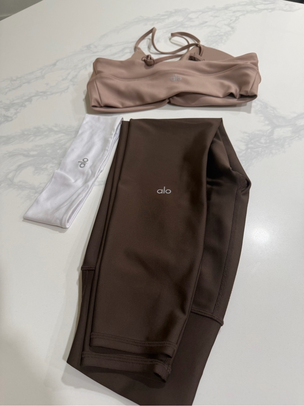 ALO Airlift Yoga Brown Leggings with Taupe Sports Bra and White Headband - Picture 3 of 7